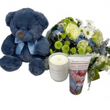 blissful blue baby boy gift hamper delivery vogue in a vase florist castle hill